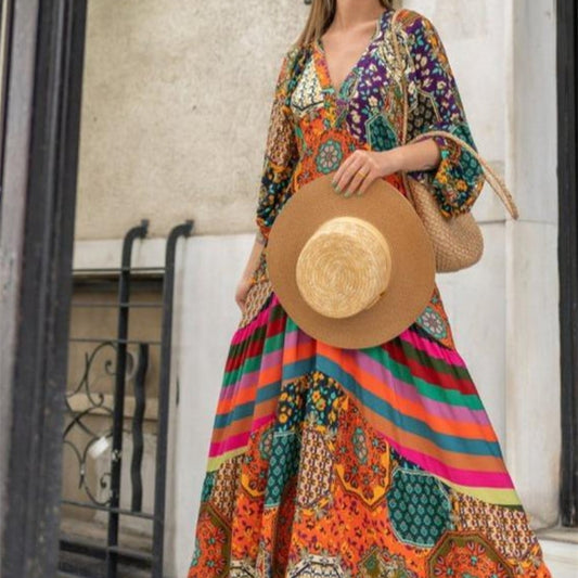 Long Sleeves Printed V-Neck Boho Maxi Dress