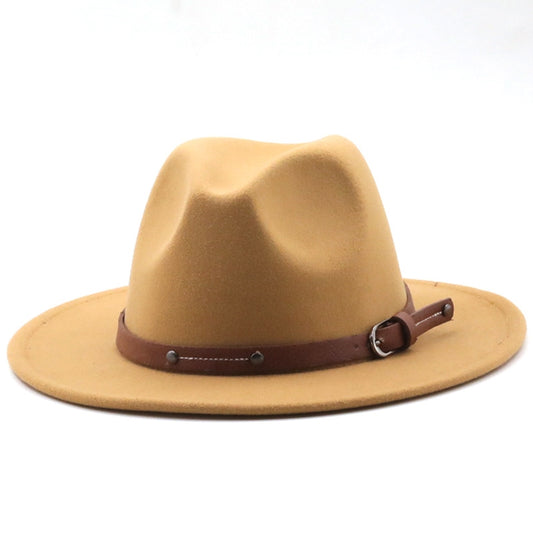 Wide Brim Wool Fedora Hat With Belt-Buckle