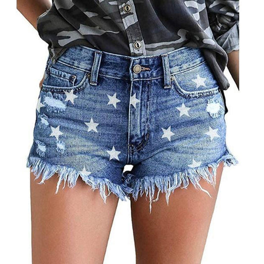 Middle Rise Ripped Stars Printed Fringed Denim Shorts