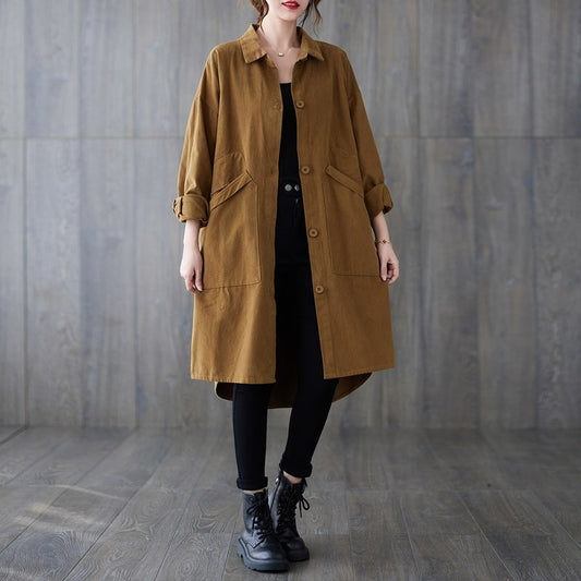 Solid Color Long Sleeves Lapel Single Breasted Pockets Casual Loose Midi-Length Windbreaker Outerwear