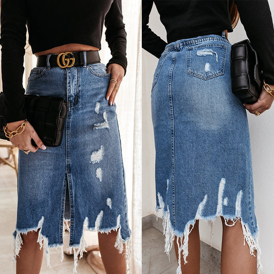 High Waisted Ripped Fringed Hem Front Slit Denim Skirt