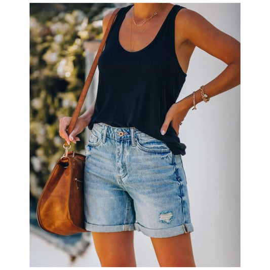 Casual Ripped Rolled Denim Shorts