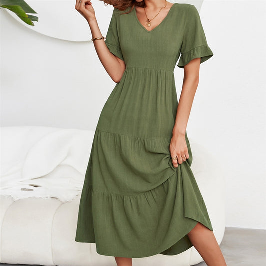 Short Sleeves V-Neck Ruffles Solid Maxi Dress