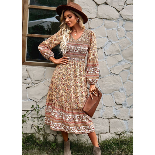 Temperament Casual Printed V-Neck Long Dress