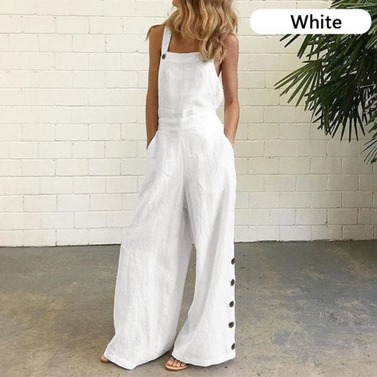 Solid Color Wide Leg Pockets Casual Loose Overalls