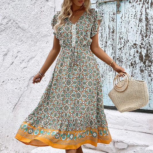 V-Neck High Waisted Short Sleeves Printing Boho Maxi Dress