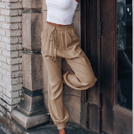 Solid Color Elastic Waist Drawstring Casual Harem Pants