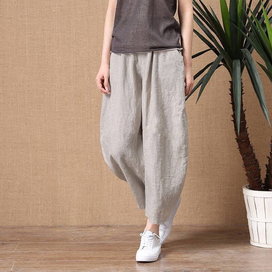 Solid Color Wide Leg Ramie Cotton Pants