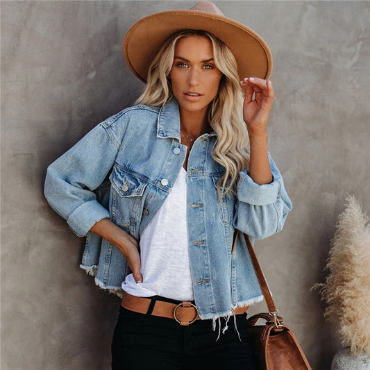 Lapel Distressed Casual Loose Denim Jacket