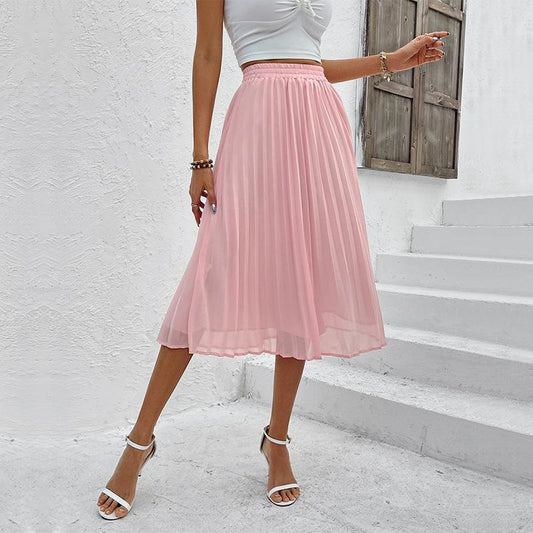 Elegant And Stylish Pure Color Chiffon Pleated Skirt Midi Dress