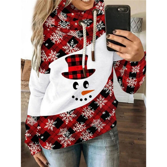 Christmas Loose Print Contrast Color Fleece Hooded Casual Sweater