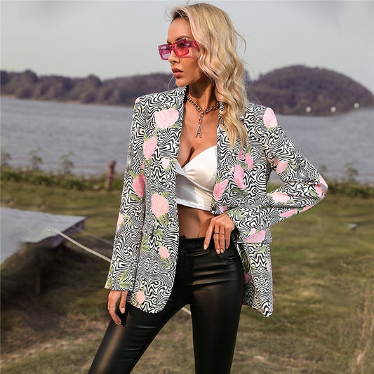 Long Sleeves Lapel Foral Printed Blazer Outerwear