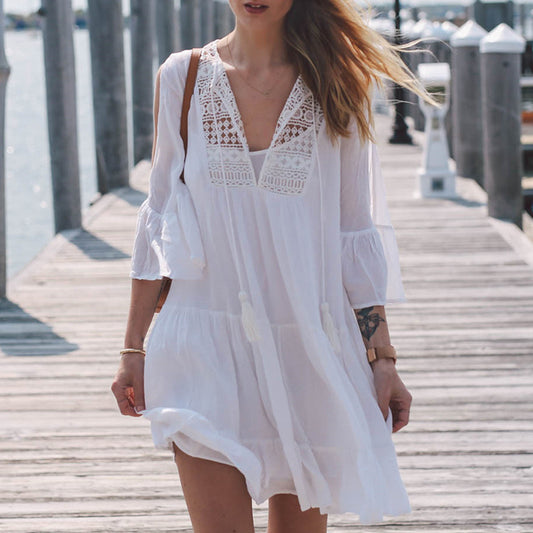 V-Neck Half Sleeves Solid Cover-Up