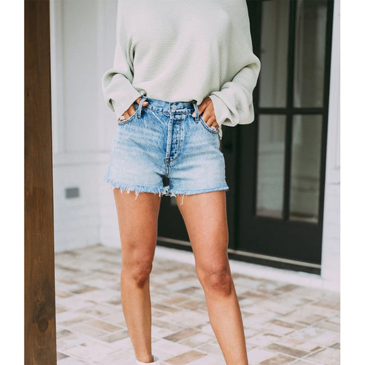 Women's High-Waisted Tassel Hole Jeans Shorts