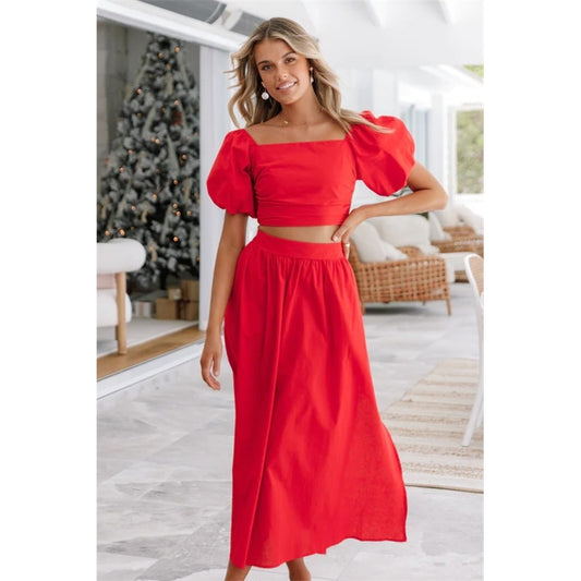 Women Bubble Sleeve Two-Piece Dresses