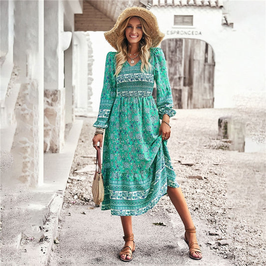 Temperament Casual Printed V-Neck Long Dress