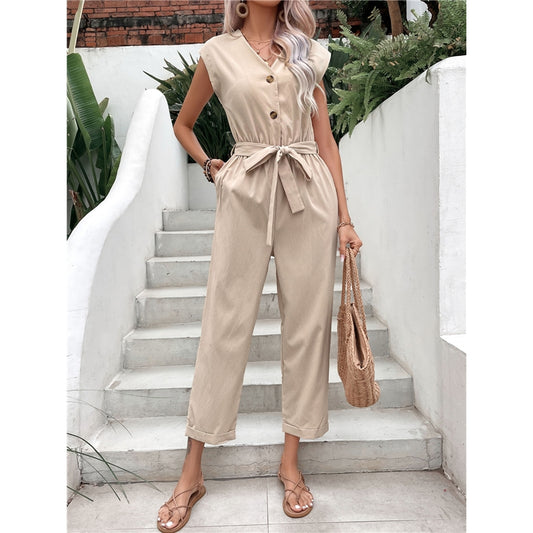 Summer Sleeveless V-Neck Waist Tie Jumpsuit