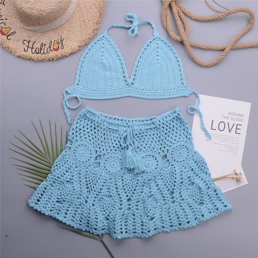 Halterneck Hollow Solid Color 2-Piece Set Cover Up